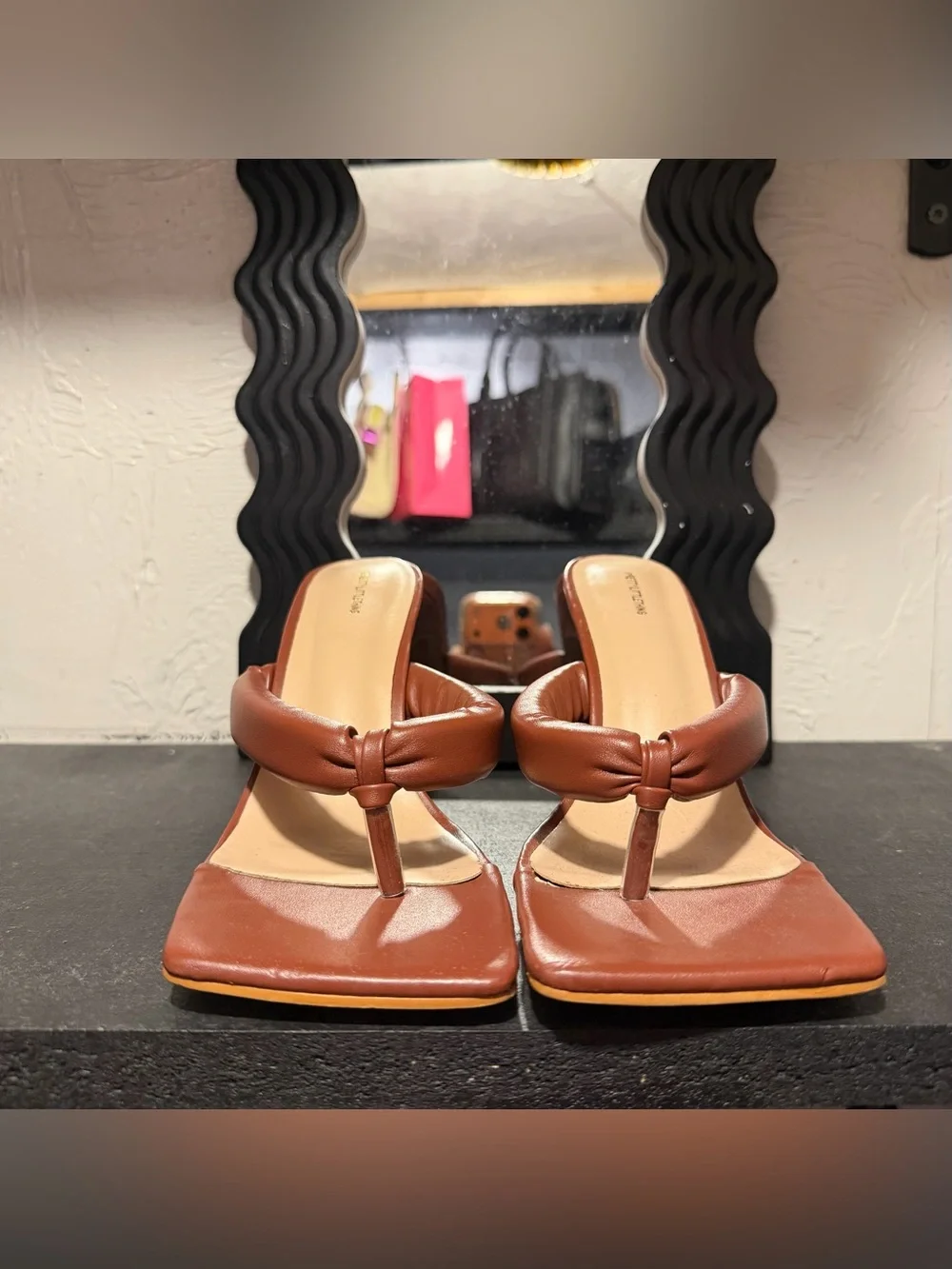 PrettyLittleThing Brown Square-Toe Heeled Thong Sandals